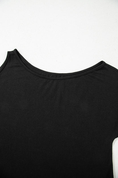 Black Solid Asymmetrical Neck Loose Casual T-Shirt