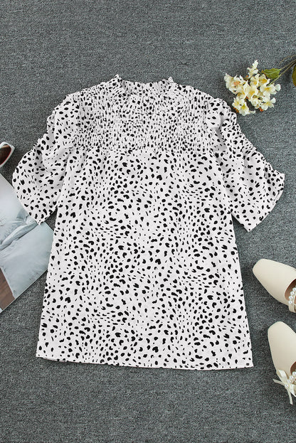 Leopard Smocking Detail Bubble Sleeve Blouse