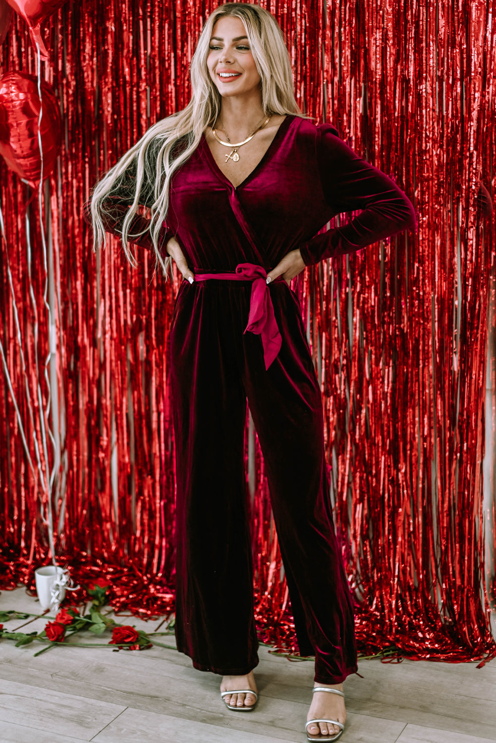 Fiery Red Velvet Pocketed Cut out Back Wide Leg Jumpsuit