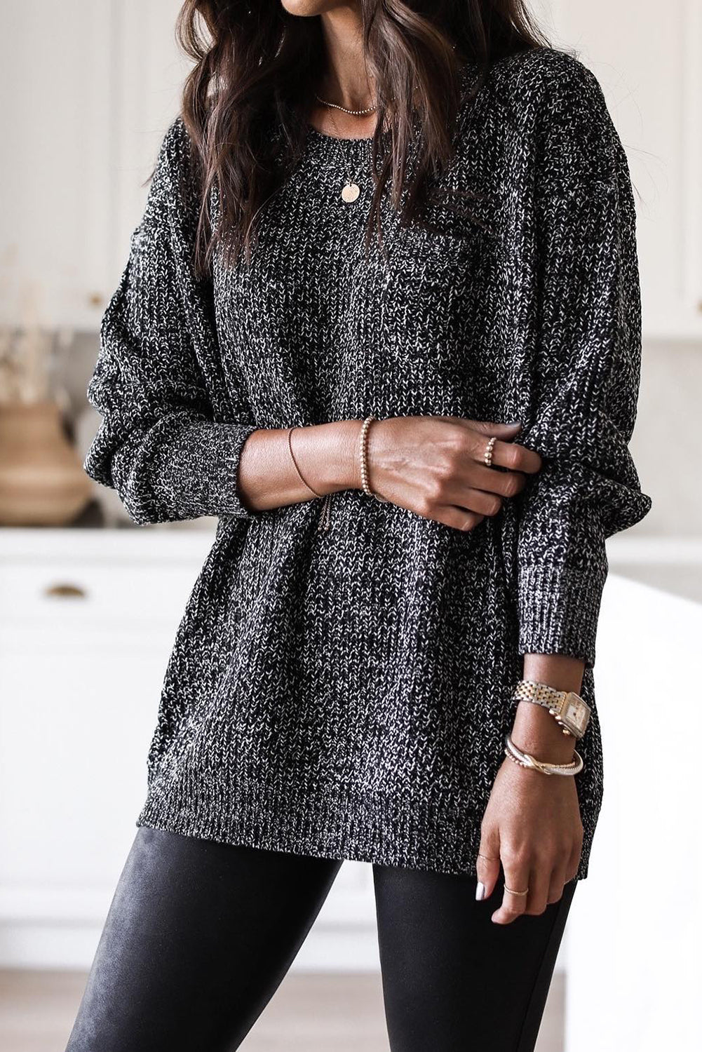 Black Glittering Long Sleeve Tunic Sweater