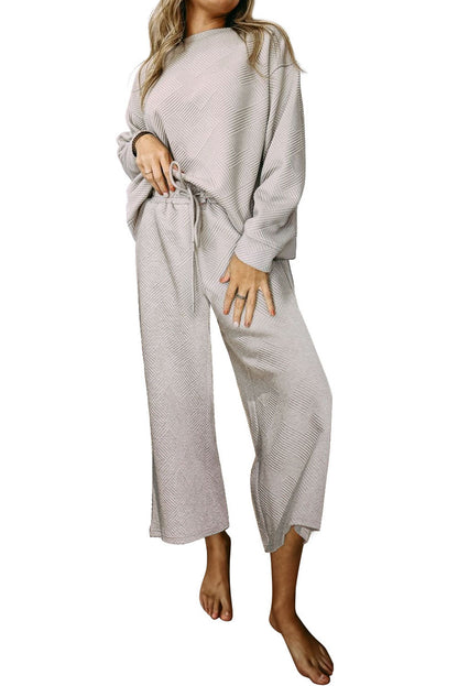 Dark Khaki Textured Loose Slouchy Long Sleeve Top and Pants Set