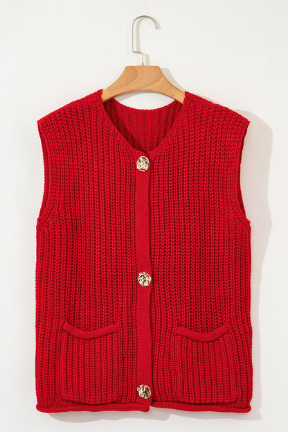 Fiery Red Solid Textured Knit Side Pockets Buttoned Sweater Vest