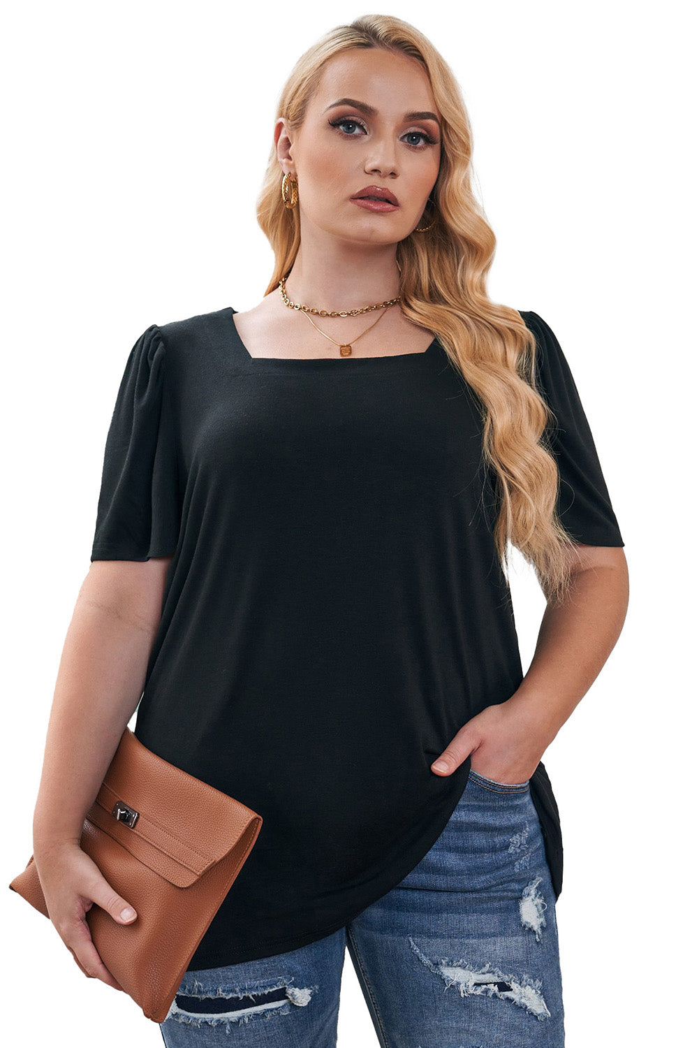 Black Plus Size Square Neck Ruched Shoulder Short Sleeve Top