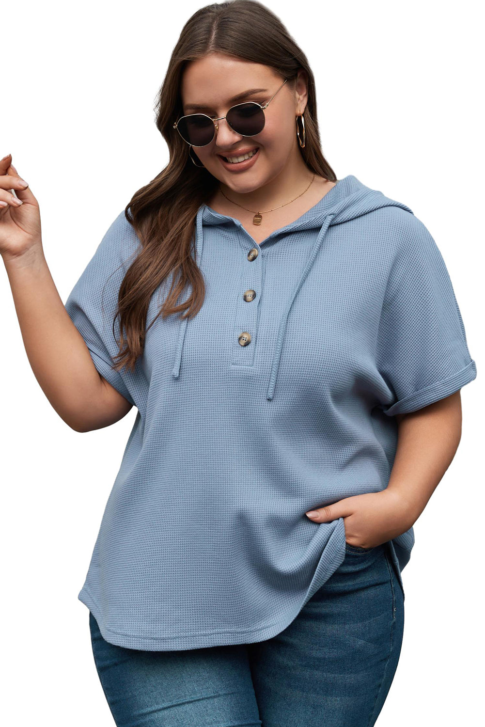 Ashleigh Blue Plus Size Waffle Knit Short Sleeve Drawstring Hoodie