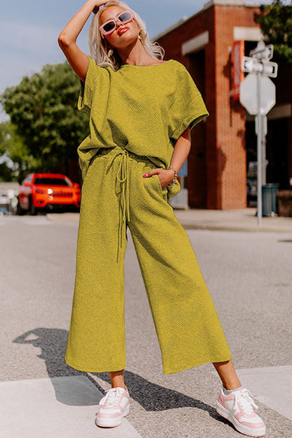 Black Textured Loose Fit T Shirt and Drawstring Pants Set