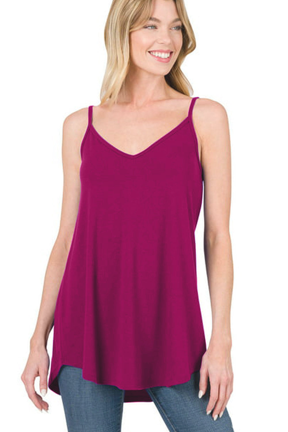 Pitaya Pink Spaghetti Strap V-Neck Flowy Tunic Tank Top