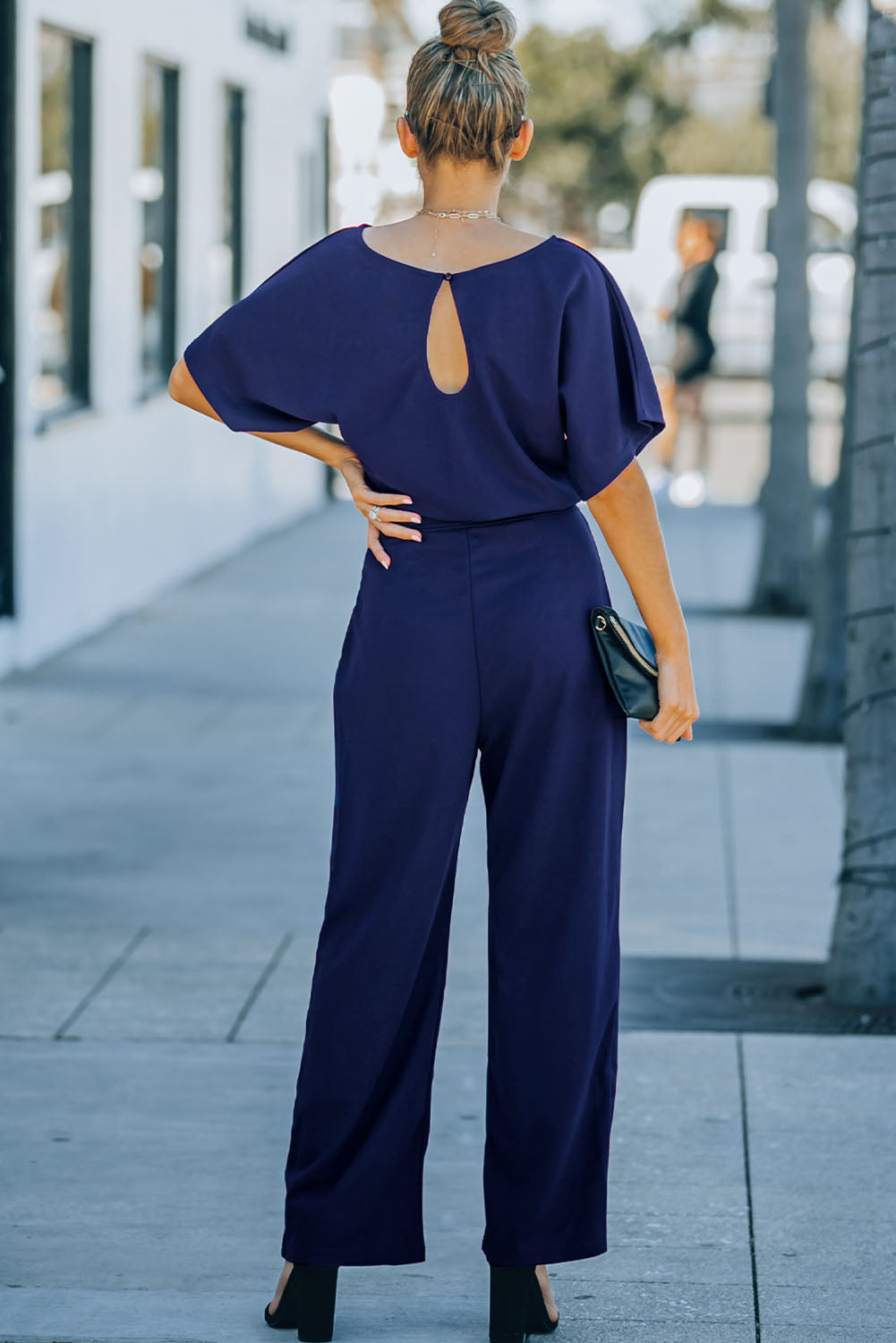 Blue Belted Wide Leg Jumpsuit