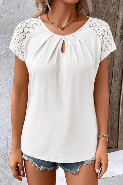 White Contrast Lace Sleeve Keyhole Decor Top