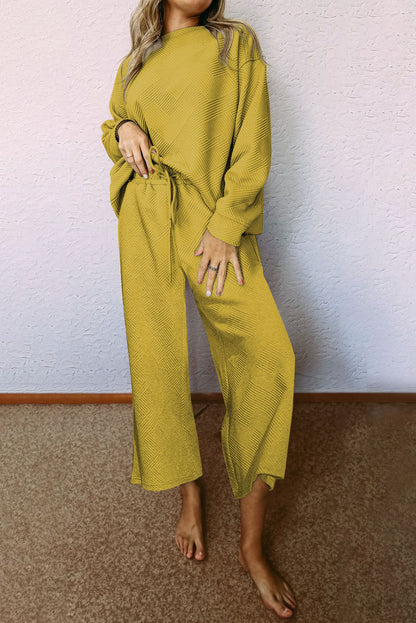 Dark Khaki Textured Loose Slouchy Long Sleeve Top and Pants Set