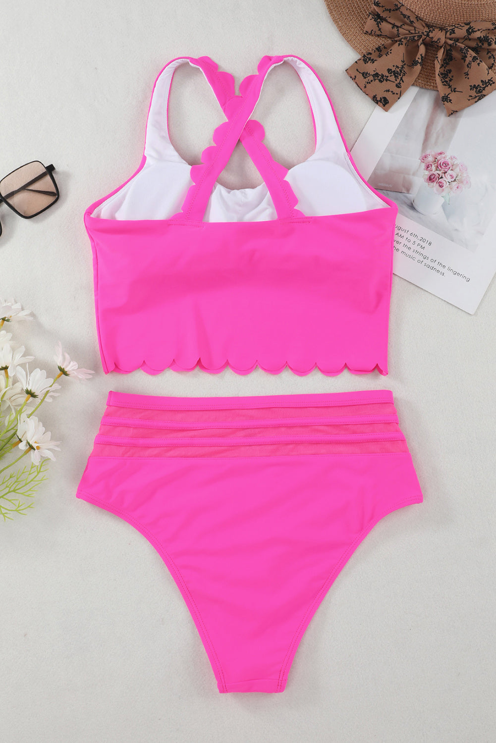 Pink Scalloped Sleeveless High Waisted Two Piece Swimsuit