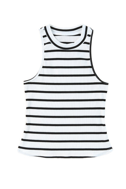 White Striped Print Ribbed O-neck Sleeveless Top