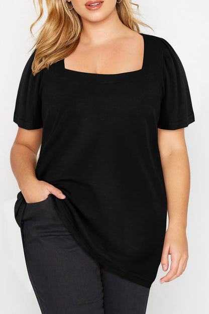 Black Plus Size Square Neck Ruched Shoulder Short Sleeve Top