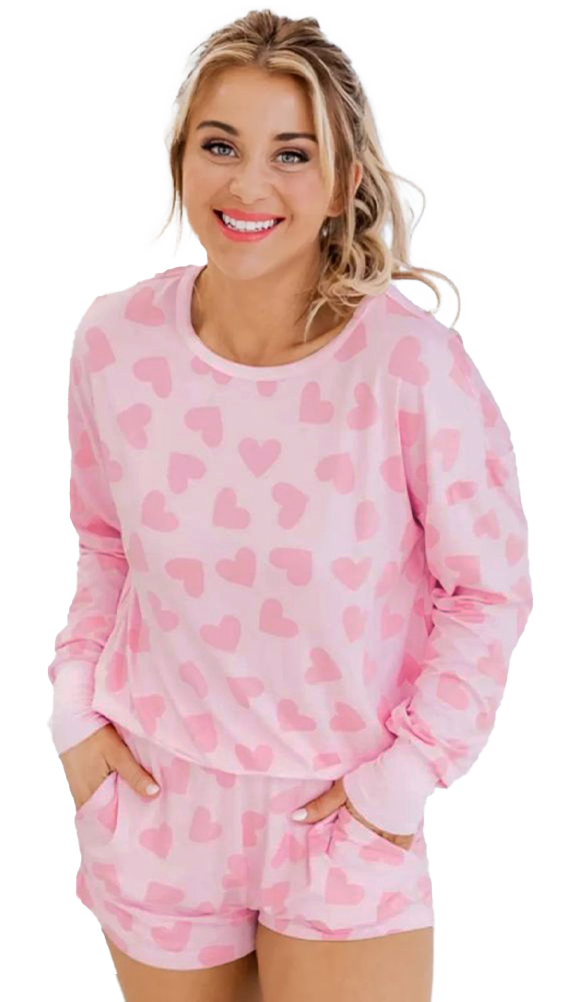 Pink Valentine Heart Shape Print Long Sleeve Top Shorts Lounge Set