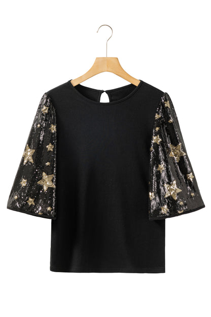 Black Star Sequin Splicing Half Sleeve Top