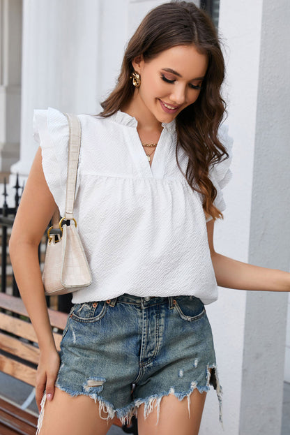 White Ruffle Accent Flutter Sleeve Notch Neck Top