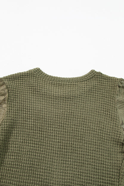 Jungle Green Sunflower Mesh Bubble Sleeve Waffle Knit Top