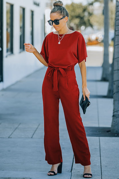 Fiery Red Belted Wide Leg Jumpsuit