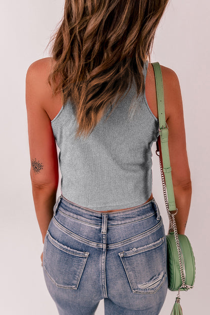 Gray Rib Knit Crew Neck Sleeveless Crop Top