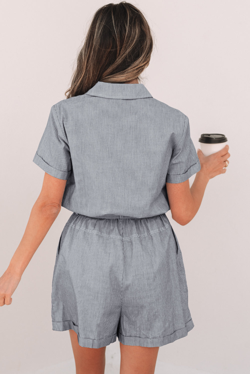 Blue Stripe Chest Pockets Buttoned Belted High Waist Romper