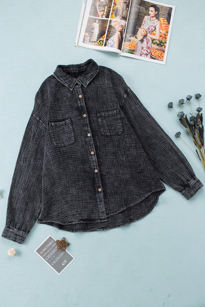 Black Mineral Wash Crinkle Textured Chest Pockets Shirt