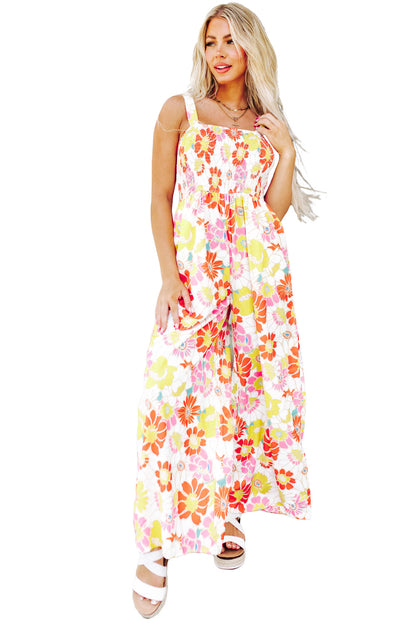 Multicolor Floral Print Shirred Sleeveless Wide Leg Jumpsuit