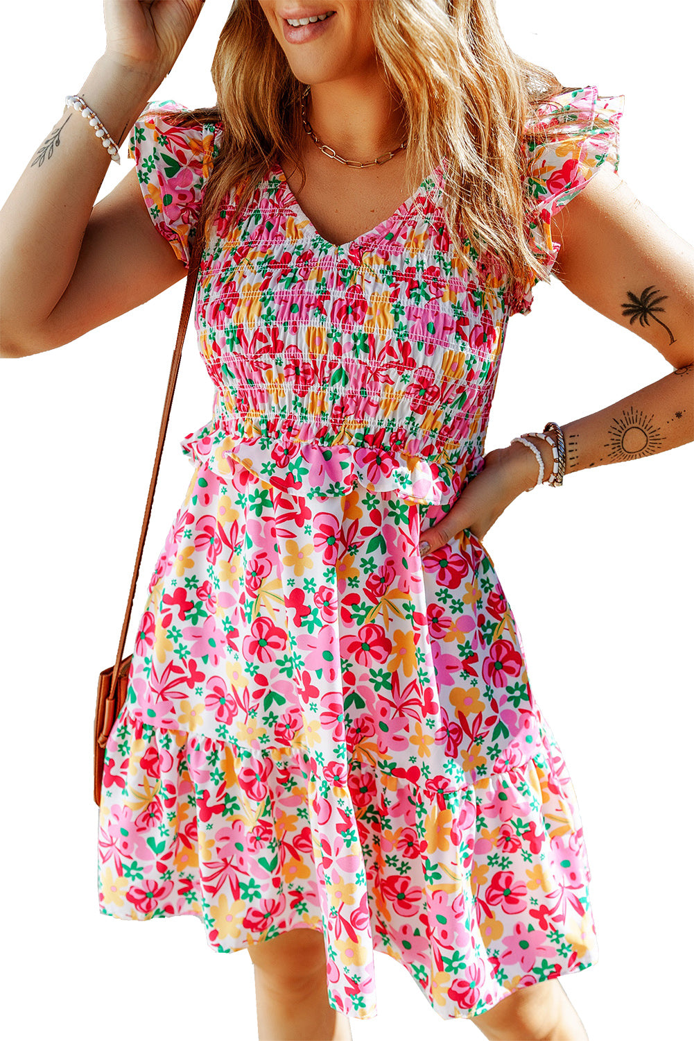 Multicolor Smocked Bodice Ruffle Trim Floral Dress