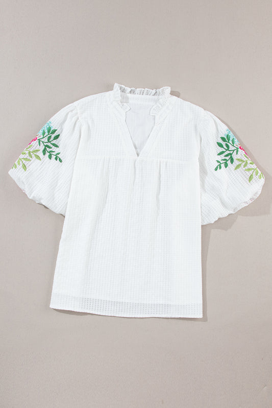 White Floral Embroidered Puff Sleeve Notched Neck Blouse