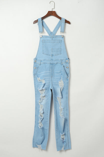 Sky Blue Constructed Bib Pocket Distressed Denim Overalls