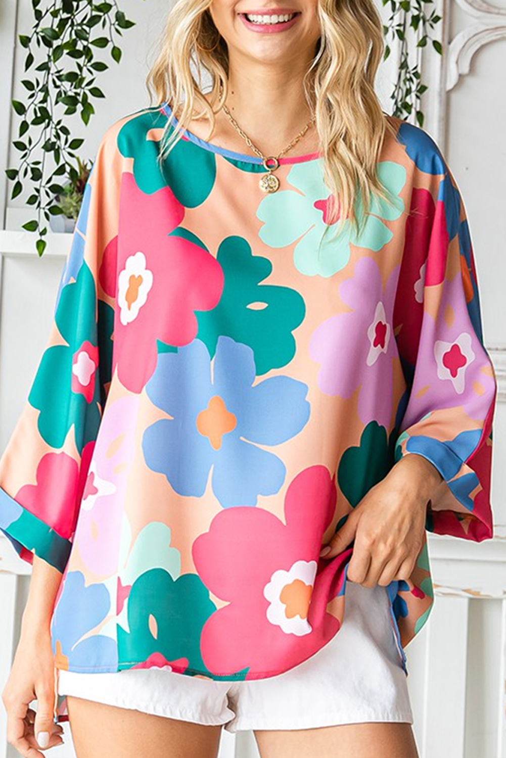 Pink Boho Floral Print Bracelet Sleeve Oversized Blouse