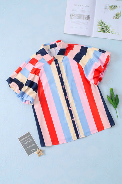 Multicolor Color Block Striped Puff Sleeve Buttoned Shirt