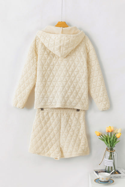 Beige Quilted V Neck Hoodie Drawstring Shorts Set