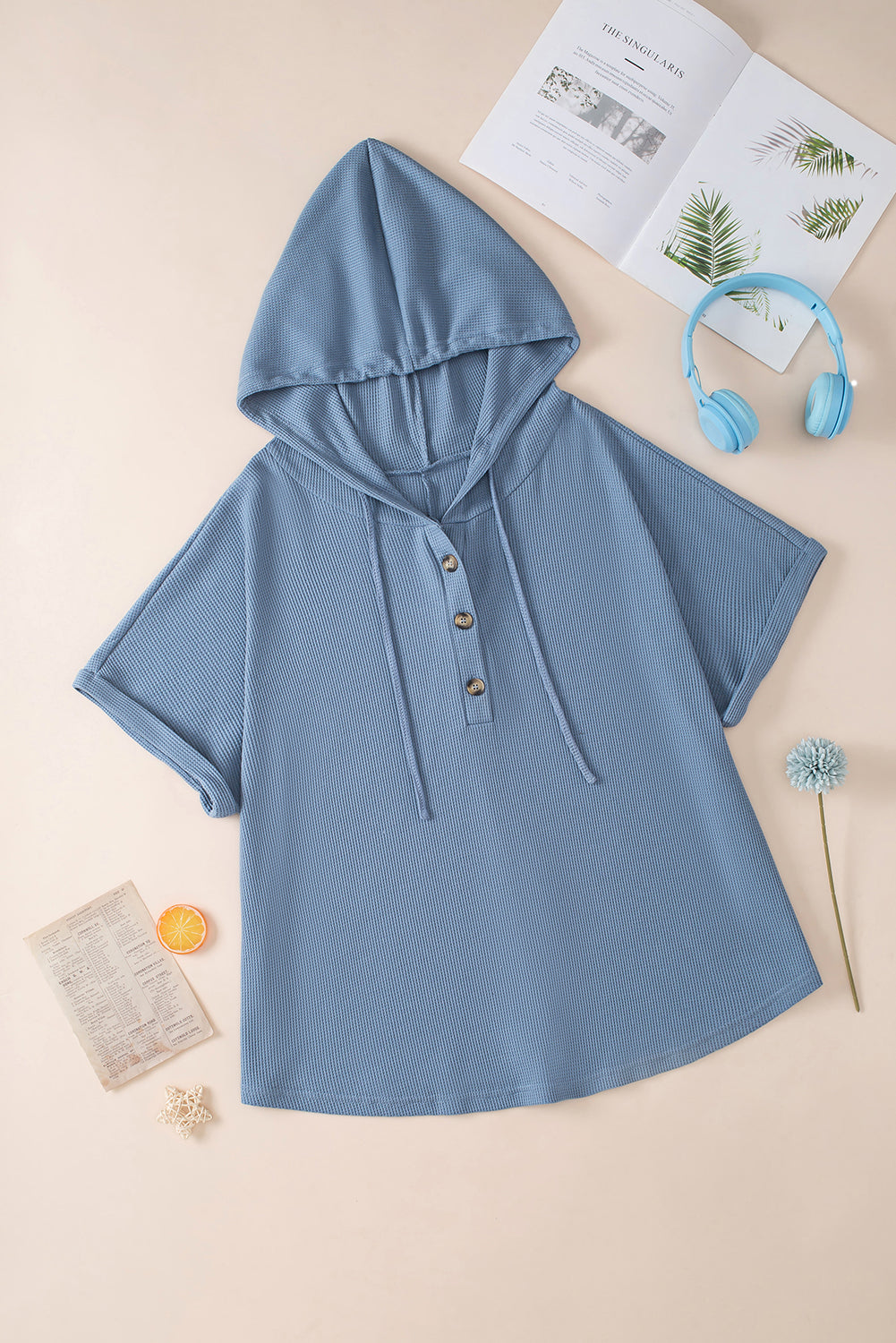 Ashleigh Blue Plus Size Waffle Knit Short Sleeve Drawstring Hoodie