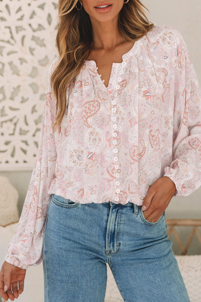 Pink Paisley Print Buttons Bubble Sleeve Blouse