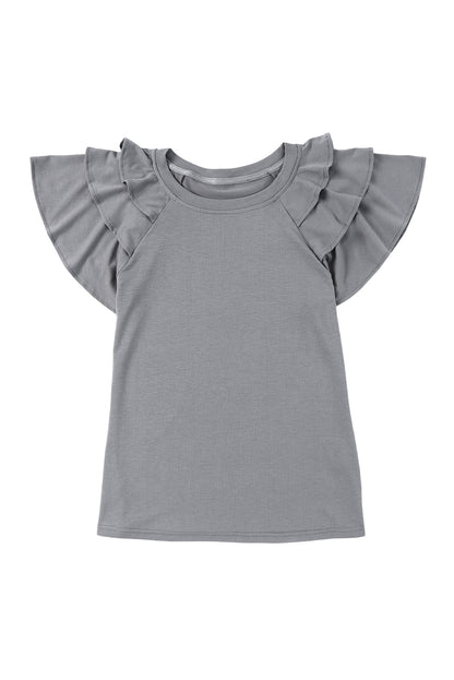 Gray Plain Tiered Ruffled Short Sleeve T Shirt