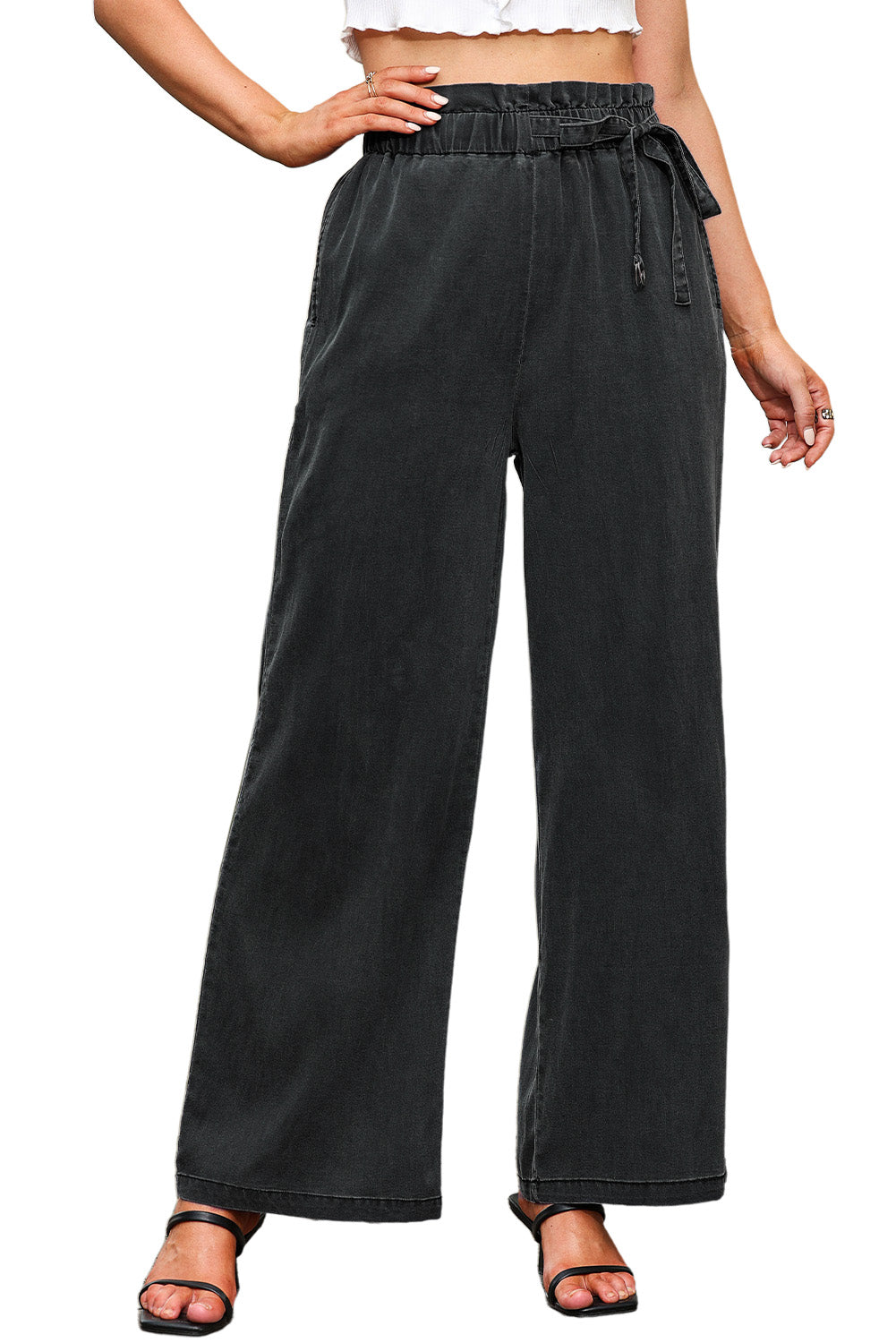 Black High Waist Pocketed Wide Leg Tencel Jeans