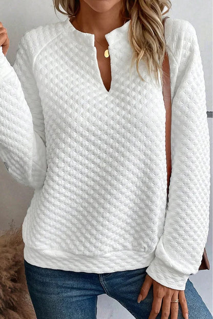 White Split Neck Quilted Long Sleeve Top