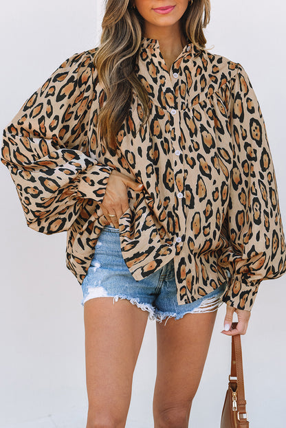 Light French Beige Oversized Leopard Print Balloon Sleeve Casual Shirt