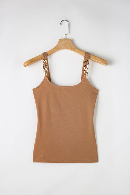 Brown Gold Chain Straps Rib Knit Tank Top