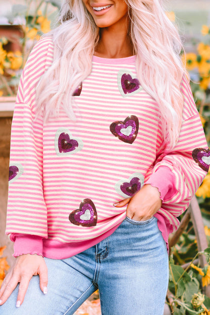 Pink Stripe Sequin Heart Patched Pattern Long Sleeve Valentines Top