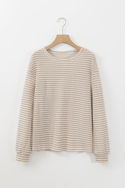 Khaki Stripe Round Neck Drop Shoulder Long Sleeve Top