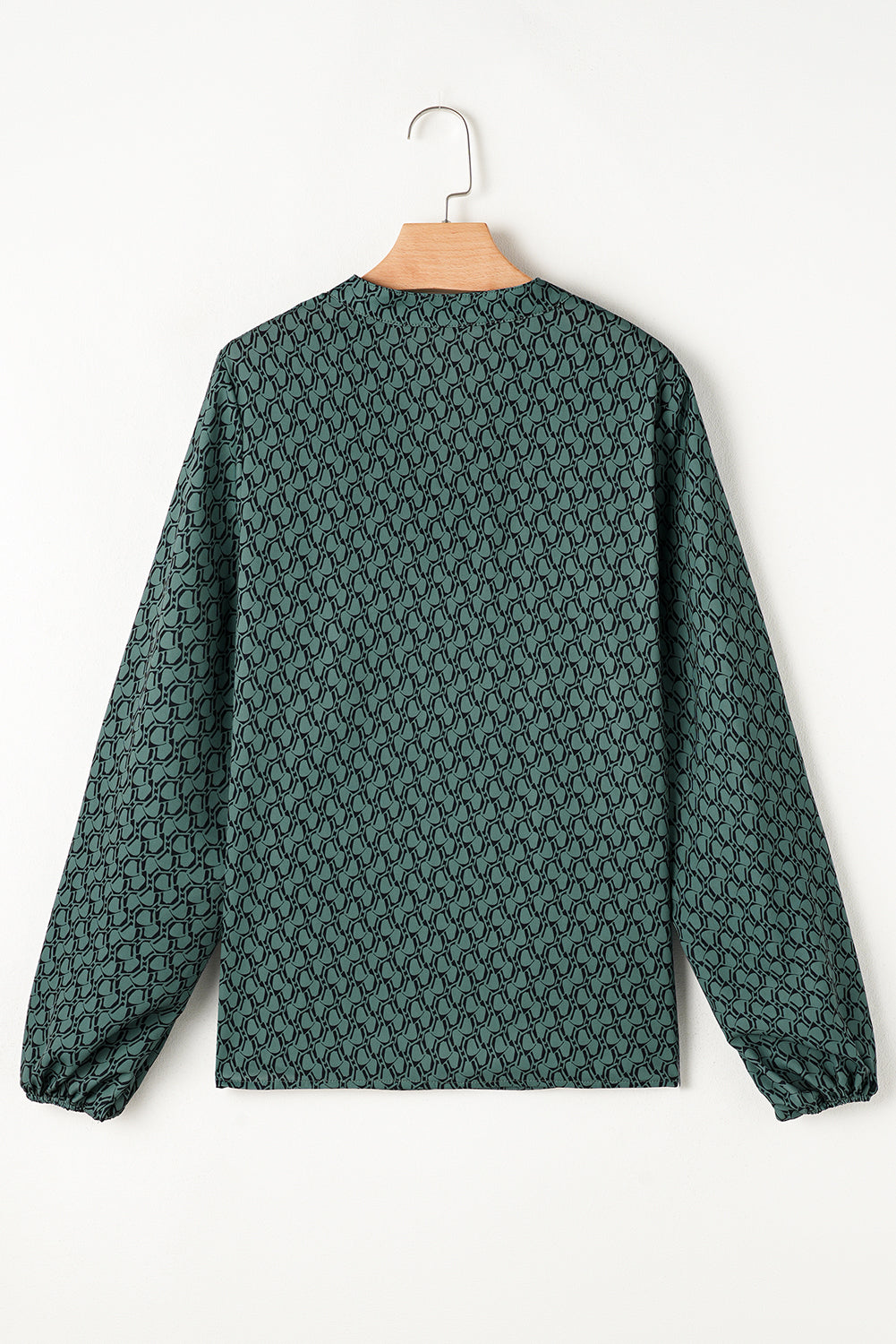 Green Geometric Print Notched Neck Puff Sleeve Blouse