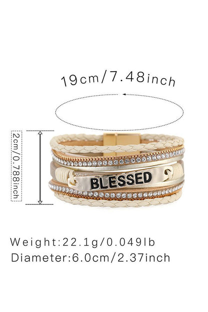 Beige BLESSED Rhinestone Braided Detail Buckle Bracelet