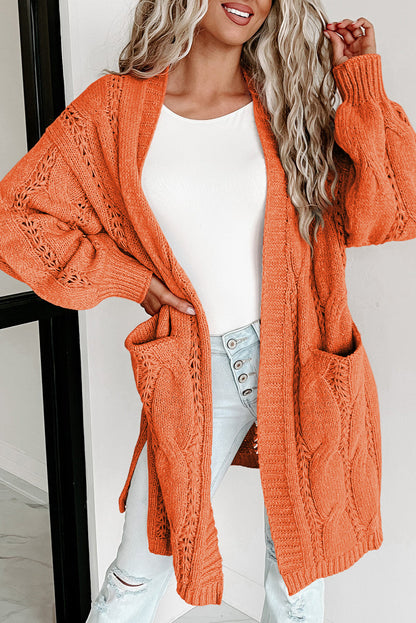 Red Ribbed Trim Hollow Knit Side Slits Cardigan