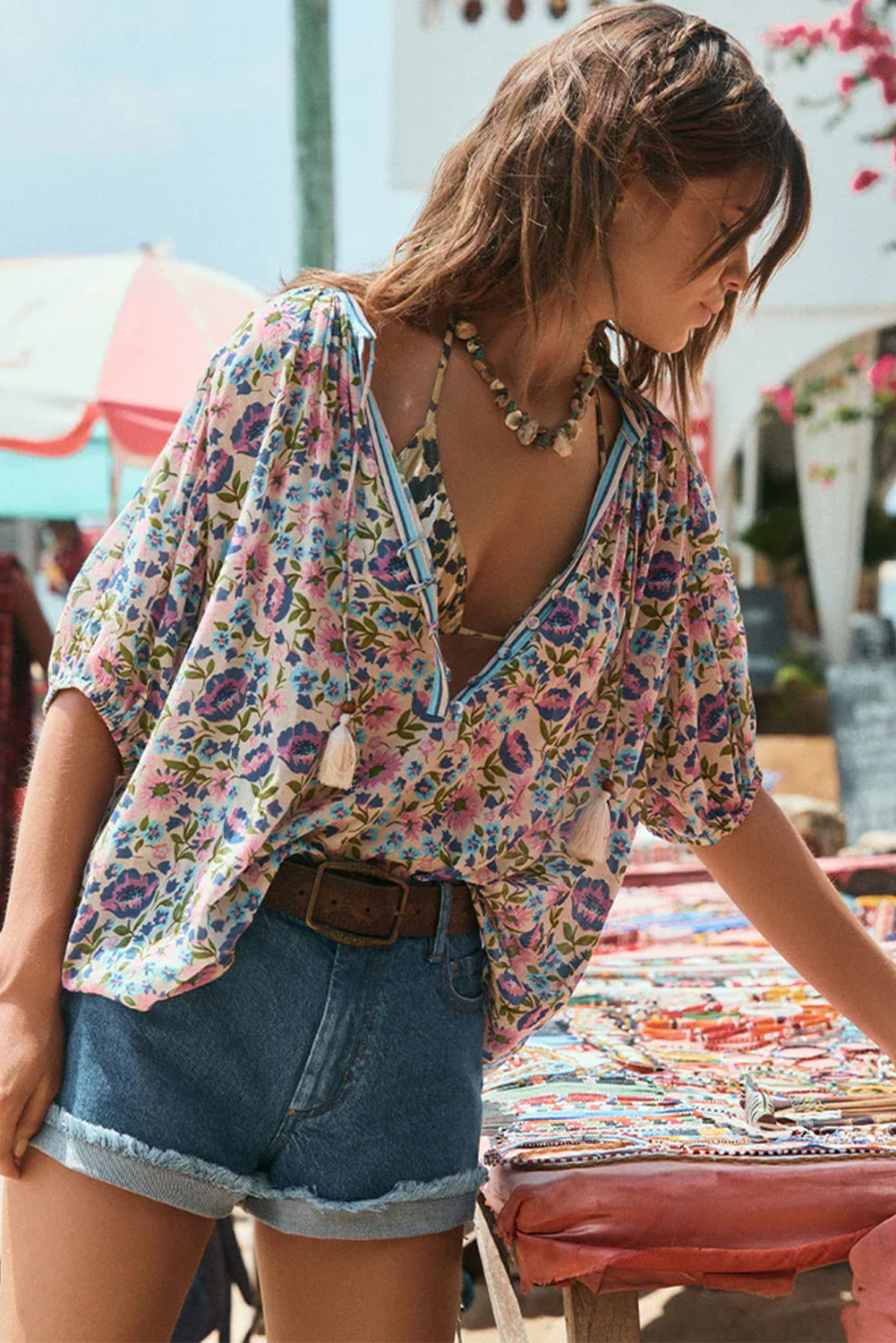 Multicolour Bohemian Floral V Neck Loose Half Sleeve Blouse