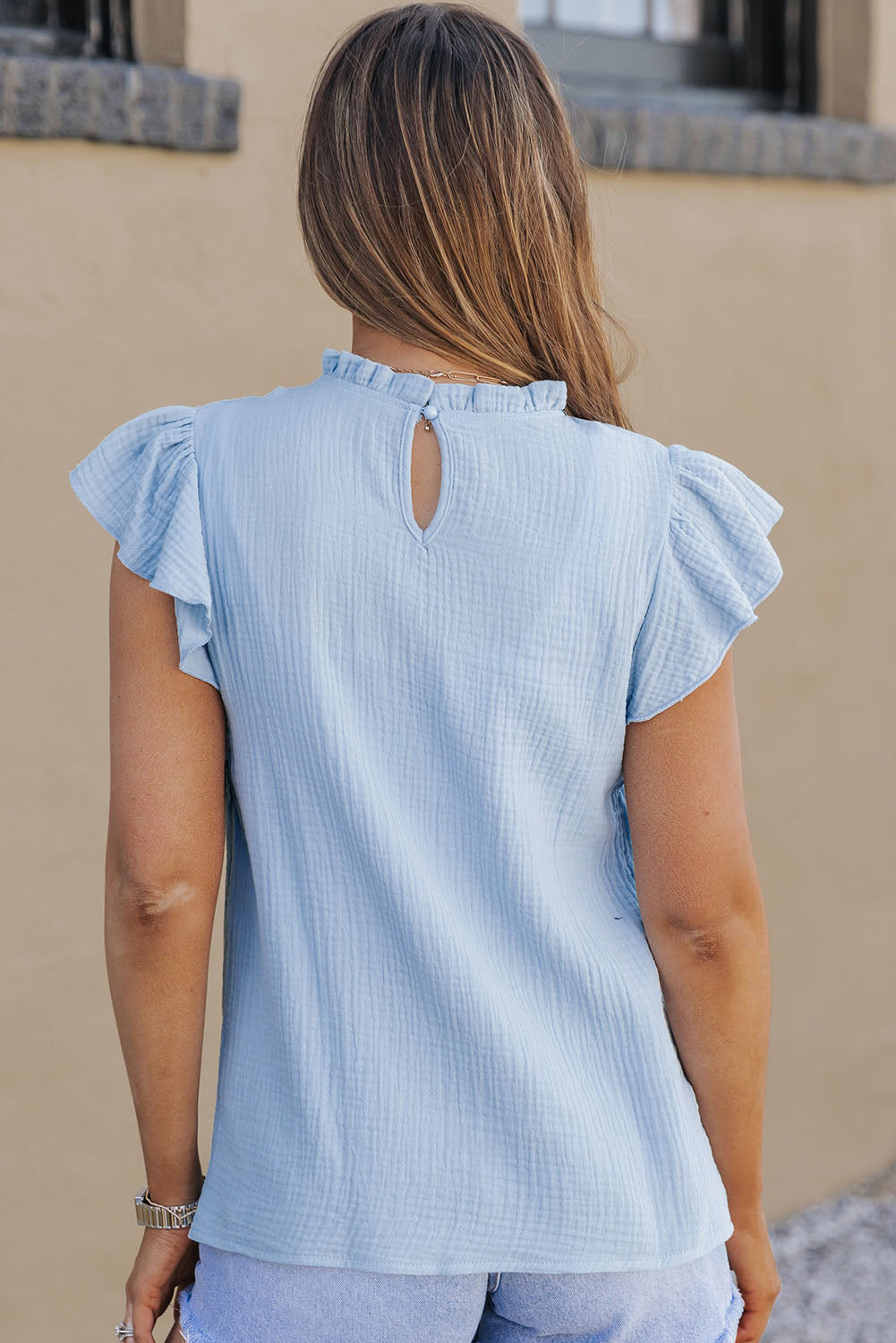 Sky Blue Flutter Sleeve Frilled Neck Textured Blouse