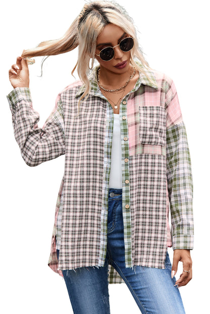 Multicolor Plaid Patchwork High Low Oversized Shirt