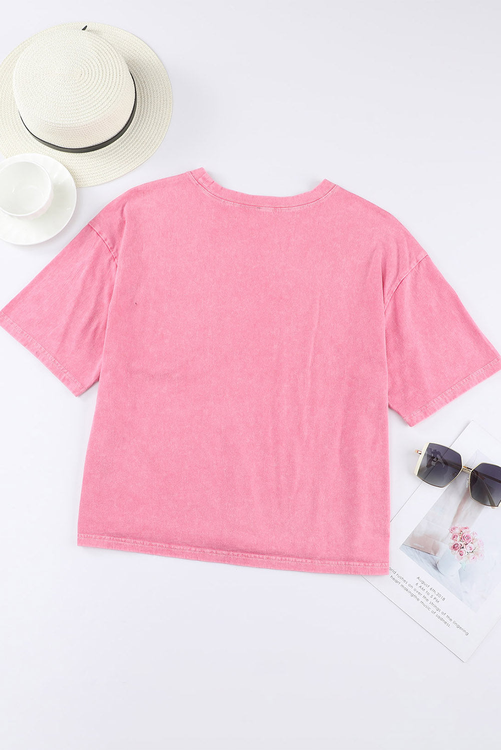 Pink Acid Wash Lace Patch Pocket T-Shirt