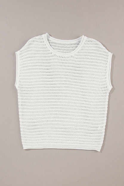 White Hollow Out Knit Cap Sleeve Top