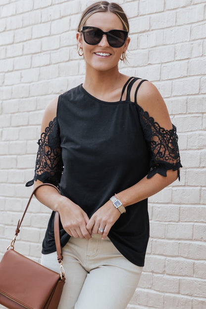 Black Lace Splicing Strappy Cold Shoulder Top