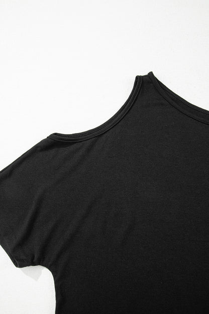 Black Solid Asymmetrical Neck Loose Casual T-Shirt